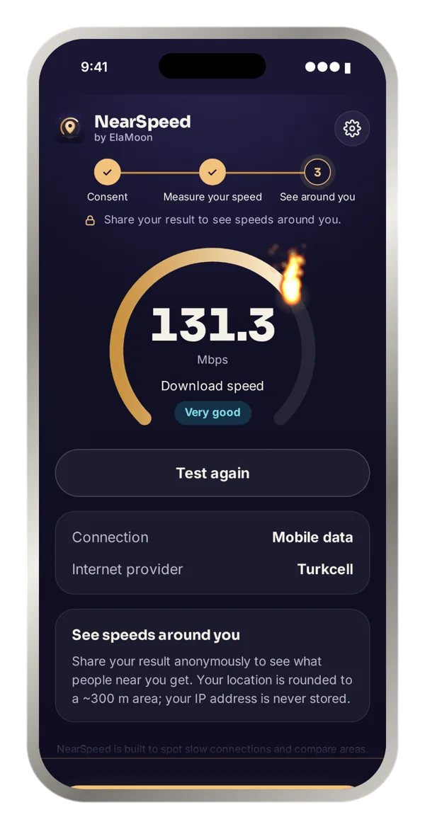 NearSpeed speed test screen: 131.3 Mbps, very good level, mobile data