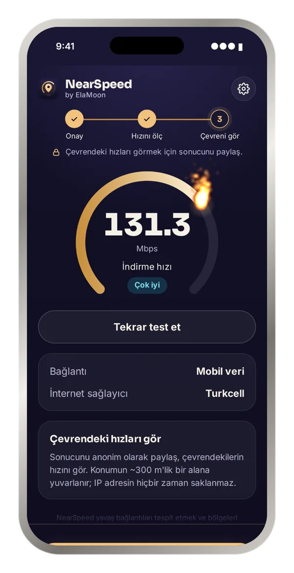 NearSpeed hız testi ekranı: 131,3 Mbps, çok iyi seviye, Turkcell mobil veri